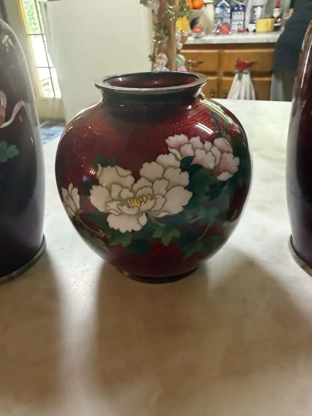 Vintage Japanese Cloisonné Pigeon Blood Red Vases 3 Piece Set Floral and Bird Mo